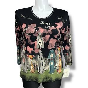 Jess & Jane Womens Bow Wow Dog Theme TShirt Top Long Sleeve Rhinestone Black Lrg